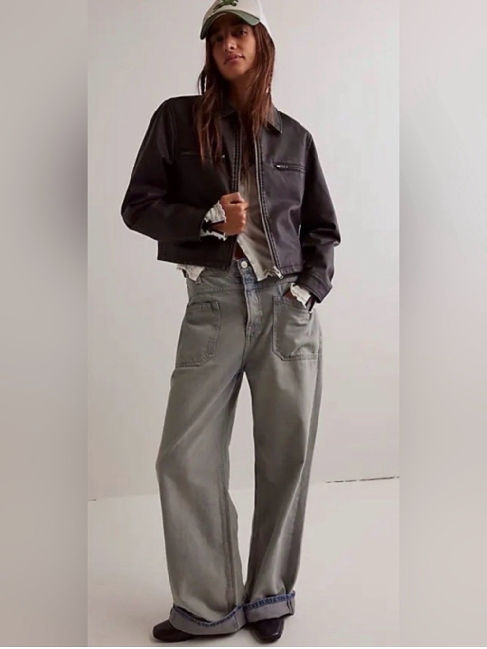 Free People Palmer Cuffed Wide Leg Jeans In The Shadows (Grey) Sz 25